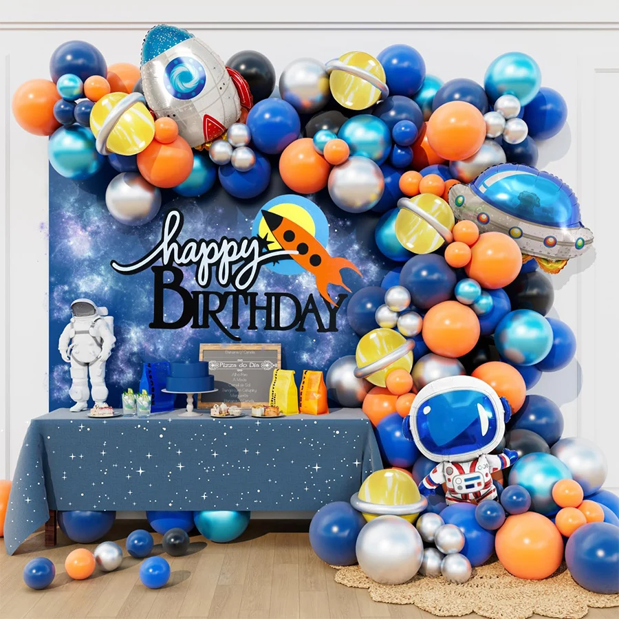 Weltraum-Astronauten-Planeten-Raketen-Ballon-Girlanden-Bogen-Set, blau-orangefarbene silberne Ballons für die Dekoration der Mond-Geburtstagsparty