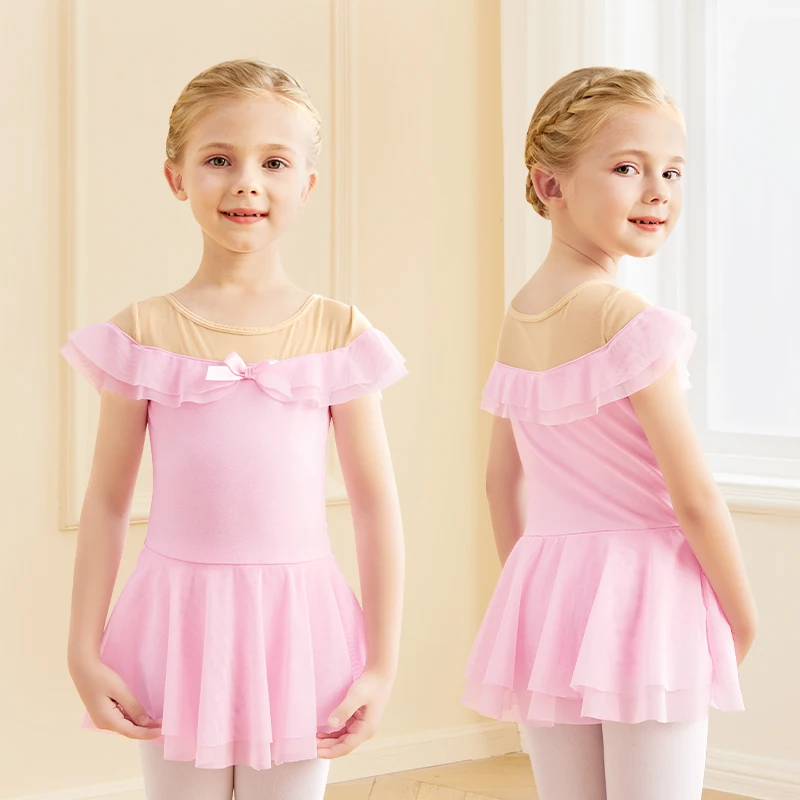 Girls Elegant Lace Gymnastics Ballet Leotards Kids One Shoulder Stitched Mesh Dress Summer Korean Japanese Sweet Skirts