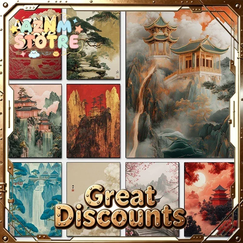 Mountain Temple Dramatic Cloud Waterfall Posters Red Gold Palace Modern Prints Canvas Painting Wall Art Pictures Home Room De