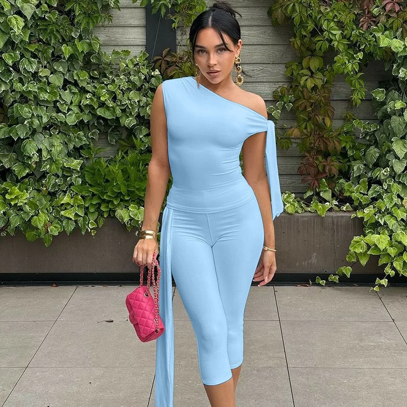 2026 Bodycon new In Matching Sets 2 Pieces Set For Woman Two Piece Outfit Women's Clothes Temperament Slim Slant Collar Leace-up