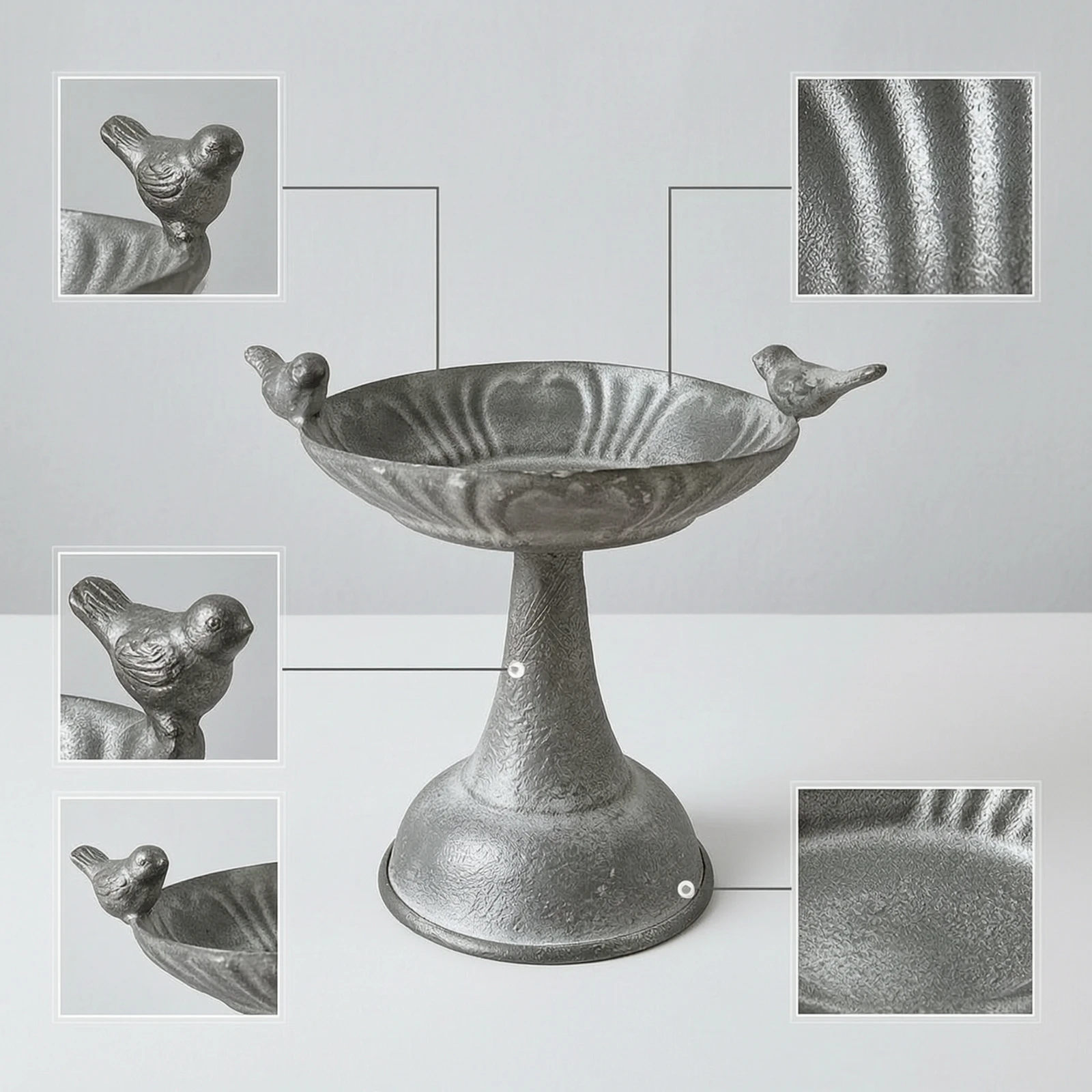 Decorative Bowl with Birds Weathered Metal Pedestal Dish Planter Stand Lightweight Compact for Decorators, Garden Table, Patio view 5