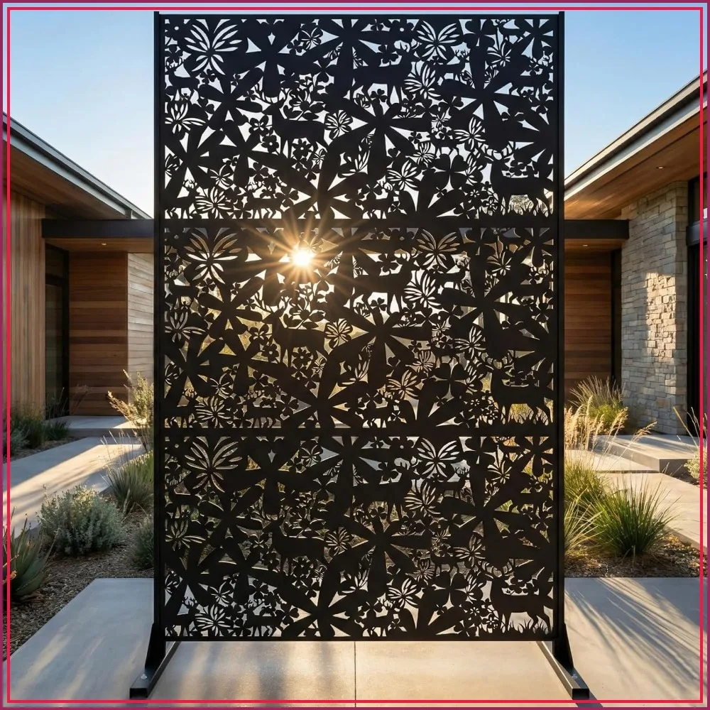 6FT Metal, Steel Privacy Screen Freestanding, Laser Cut, Rustproof, Weather-Resistant