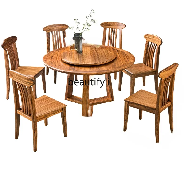 

Solid Wood round Dining Tables and Chairs Set Modern Chinese Restaurant round Rice Table with Turntable