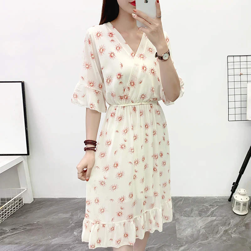 Boho Flower Chiffon Beach Dress Women Summer Short sleeved V-neck Casual Ruffle Midi Long Dress
