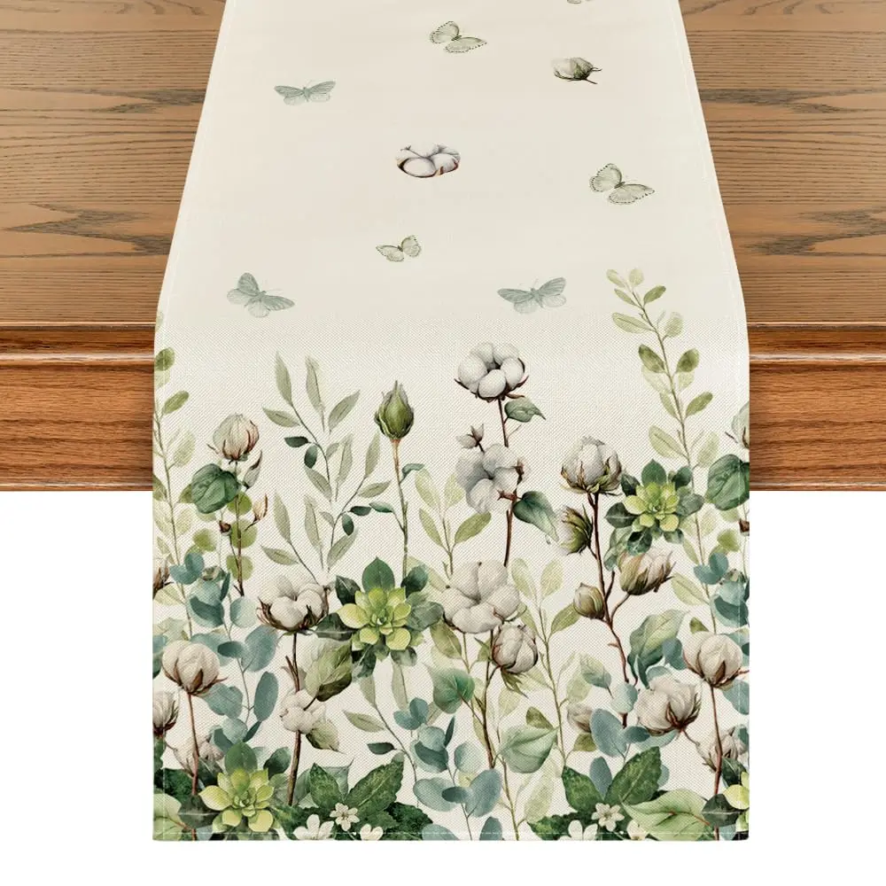 

Cotton Plant Leaf Butterfly Spring Table Runner, Seasonal Summer Kitchen Dining Table Decoration for Home Party Decor