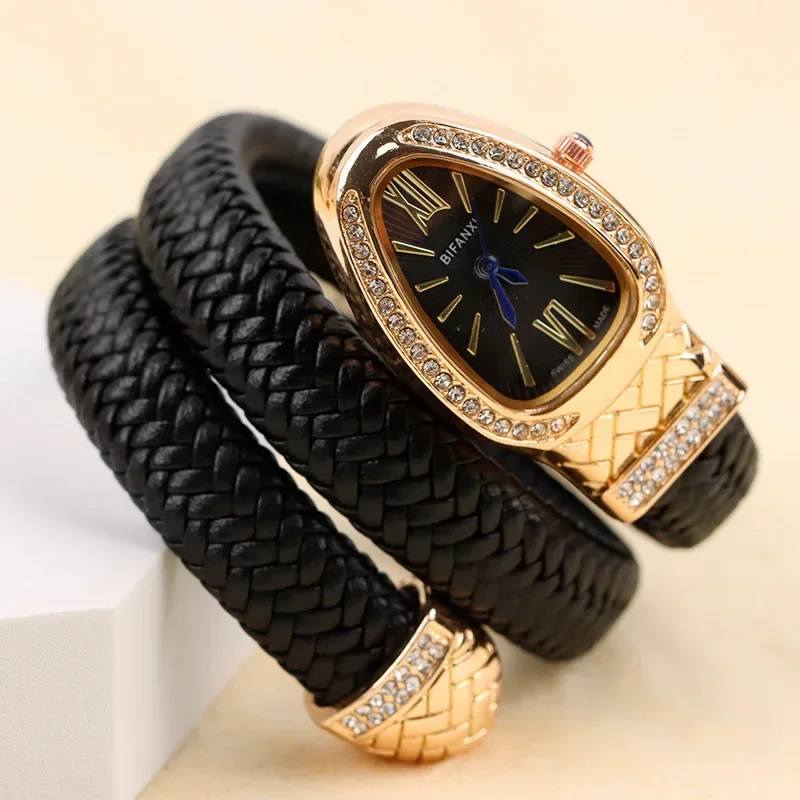 Snake Shaped Fashion Quartz Watch Women's Diamond Inlaid Leather Women's Watch Strap Light Luxury Bracelet Student Watch