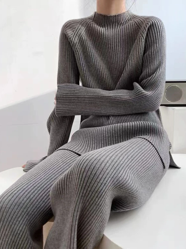 Women Knitted Tracksuit Autumn Oversized Sweater Pullover High Waist Wide Leg Pants Suit Casual Warm Winter Two Peice Sets Women