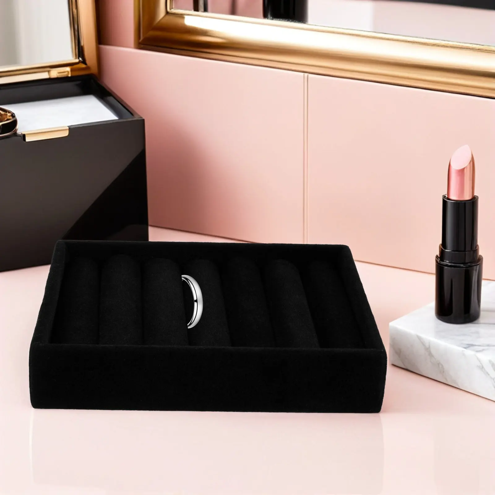2Pcs Ring Storage Tray Organizer Black Lining Jewelry Display Stand Compact Ring Holder Tray for Bedroom Vanity