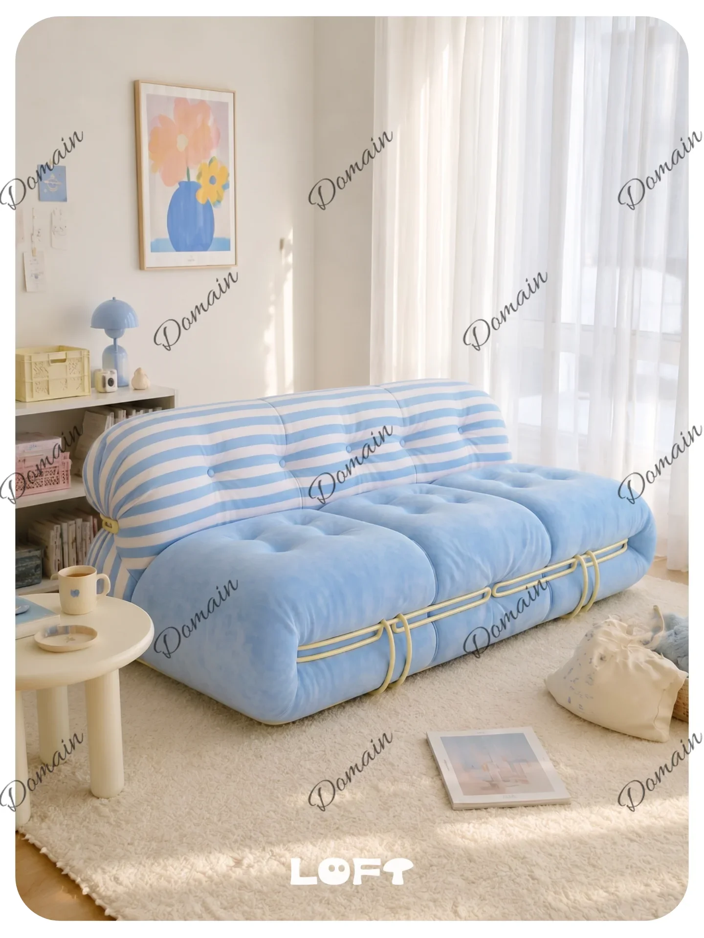 N81 Blue Striped Fabric Sofa For Small Living Room 2-Seater Cozy Lounge Couch Comfy