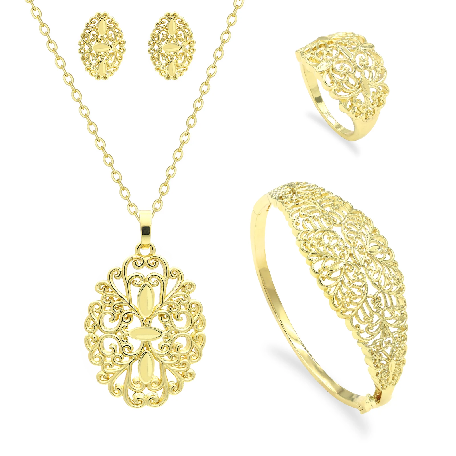 

Elegant Retro Mid-Century Petal Hollow Pattern Necklace Earrings Bracelet Jewelry 4-Piece Set Gold Plated High-End Jewelry