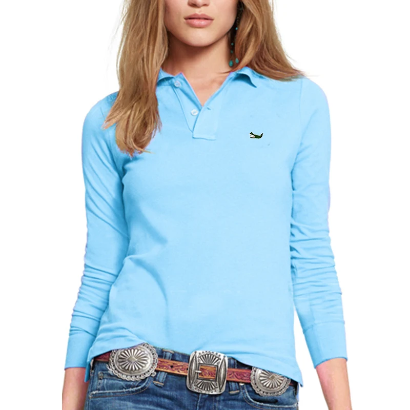 High Quality spring Lady Long Sleeve Polo Shirts Brand Logo Casual Women Lapel T-shirt 100%Cotton Fashion Slim Fit Tops