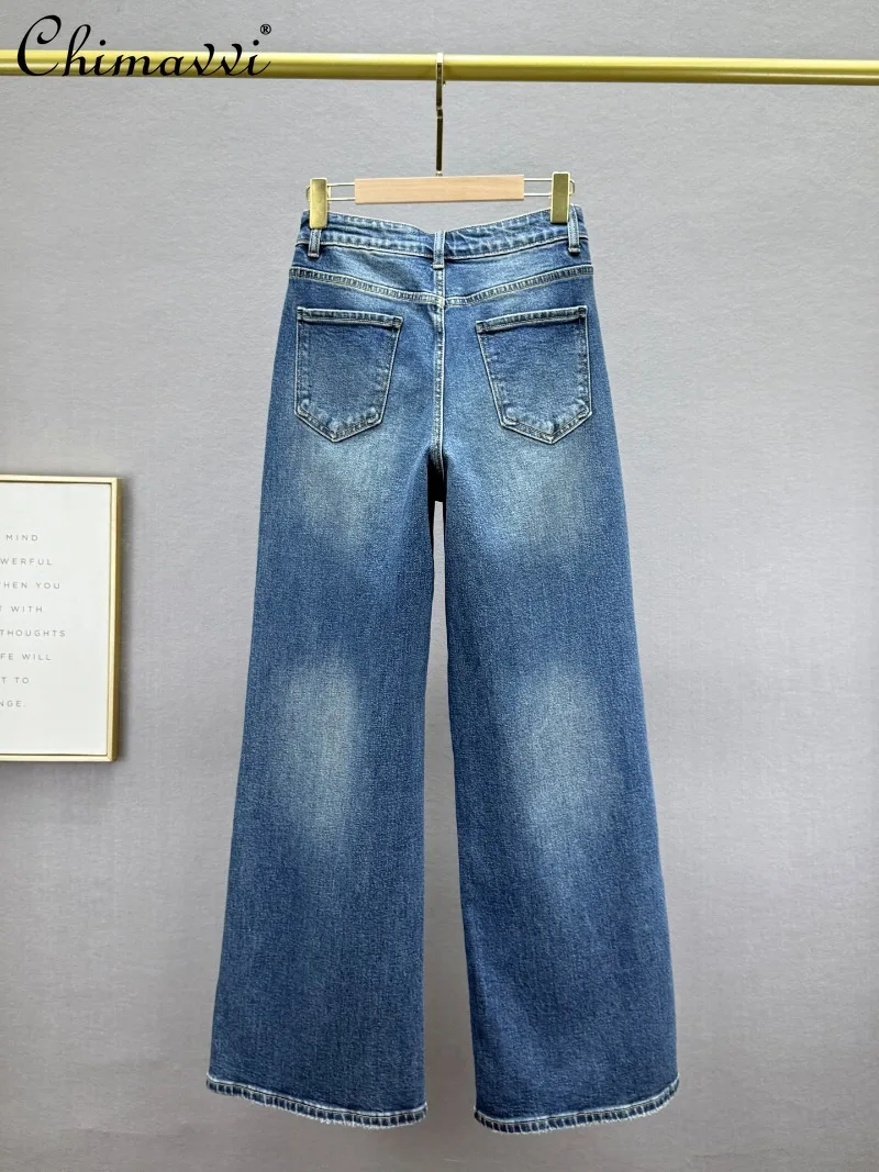 헤비 라인스톤 데님 와이드 레그 팬츠 여성 가을 신상 하이웨이스트 루즈 슬림 유럽 스타일 롱 팬츠