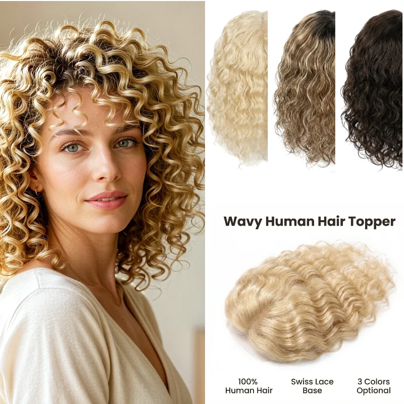 Human Remy Hair Topper Swiss Lace 9x14cm 10inch Deep Wave Curly Hair Wig Hand-Tied Color #4 P4-613 Wholesale Ship