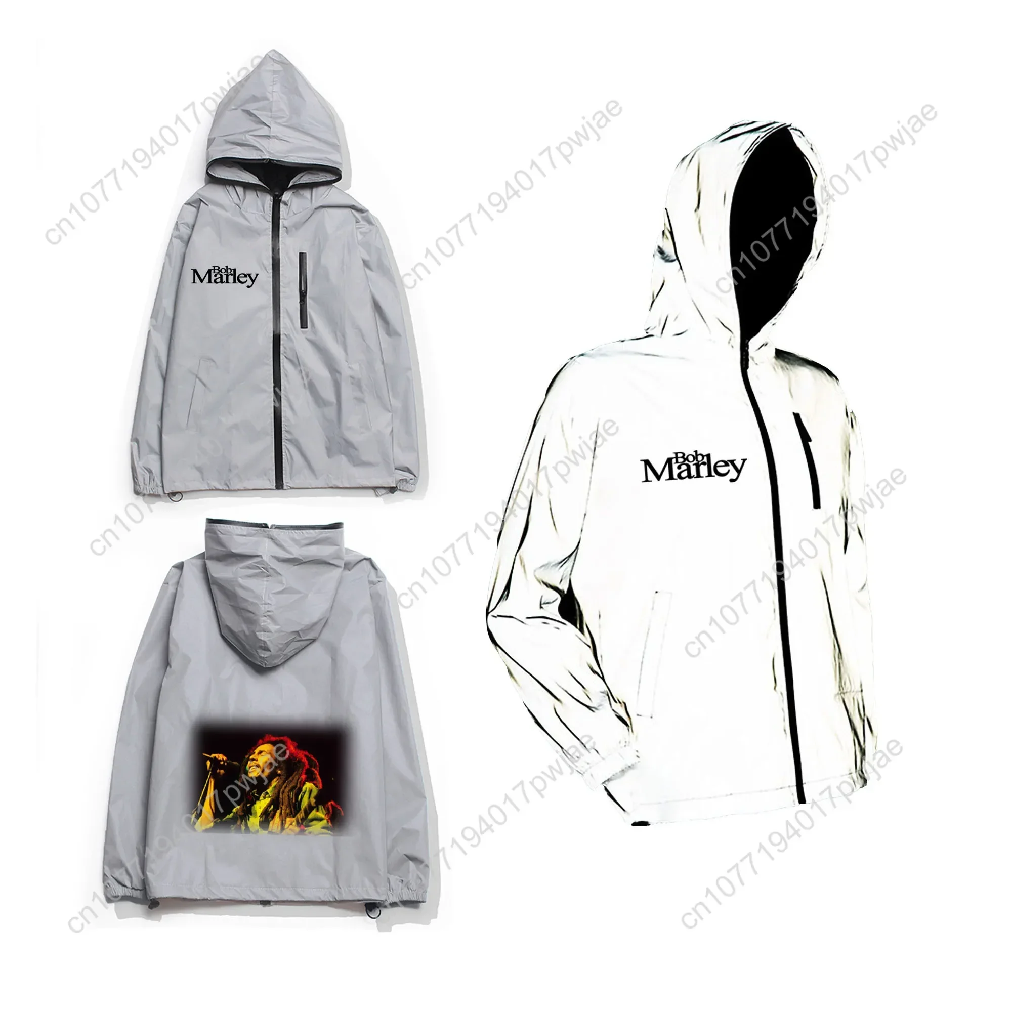 Bob Marley Jamaica Singer Reflective Jacket Mens Womens Coat Hooded Windbreaker Pocket Jackets Hiking Zipper Customized Hoodie