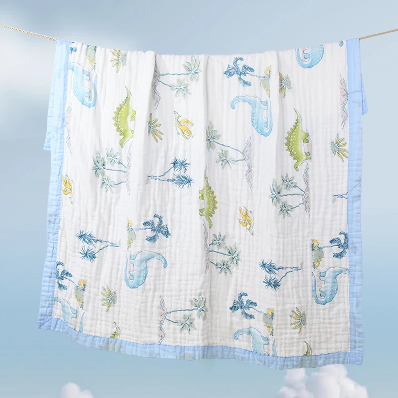 Baby 100% Cotton Gauze Bath Towel, Soft, Absorbent, Quick-Drying, Lint-Free, Blue with Dinosaur Pattern