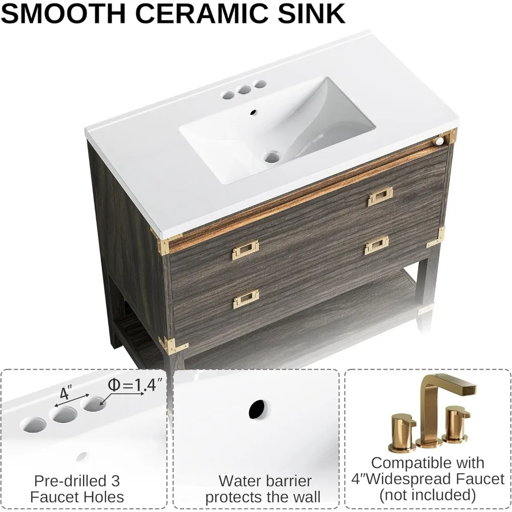 ชุดโต๊ะเครื่องแป้งไม้แบบตั้งพื้นพร้อมไฟส่องสว่างอัตโนมัติและลิ้นชัก 2 ช่องสำหรับห้องน้ำ