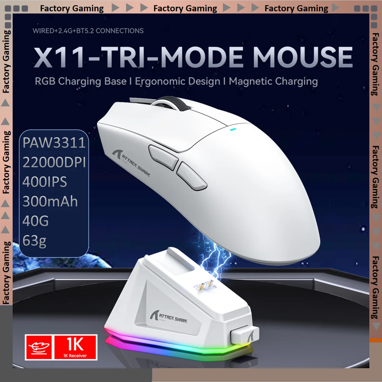 

ATTACK SHARK X11-Mouse Tri-Mode Lightweight Gaming Mouse,PAW3311,22000DPI,400IPS,40G,1K Return Rate,Magnetic Fast Charging