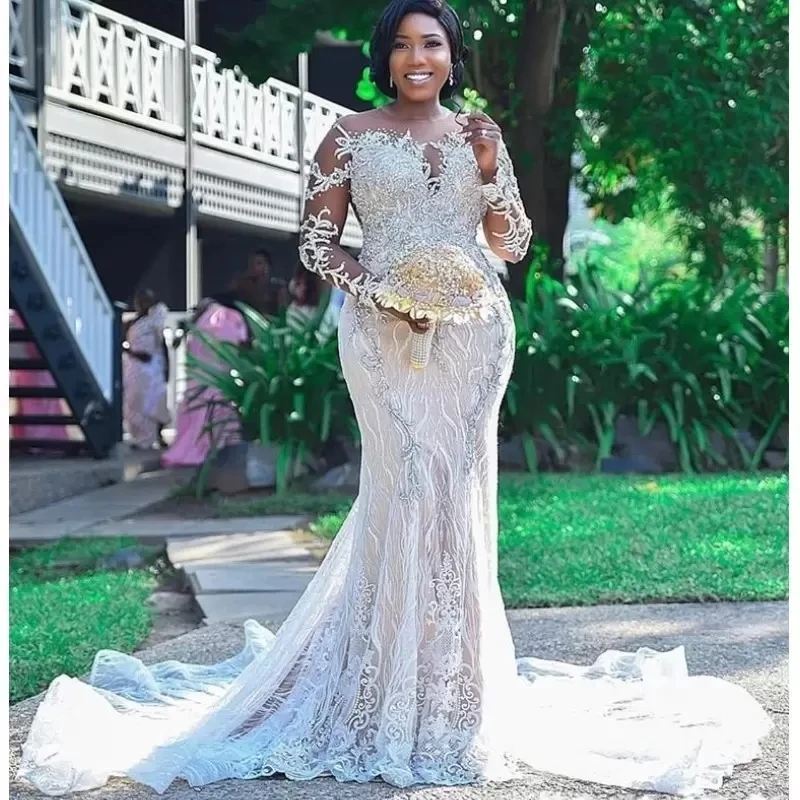 

Plus Size Wedding Dresses Mermaid Lace Sheer Neckliine Sexy Back Bridal Gowns Beads Long Sleeves Arabic Vestido De Noiva