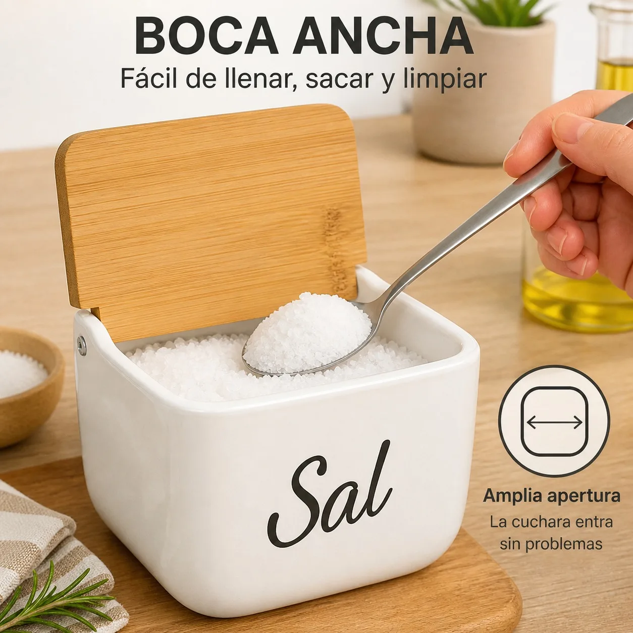 Salero de Cerámica Blanca con Tapa de Bambú Abatible, Organizador de Cocina Moderno de 12x12.5x11cm, Recipiente para Sal con Boca Ancha y Diseño Elegante para Encimera de Cocina
