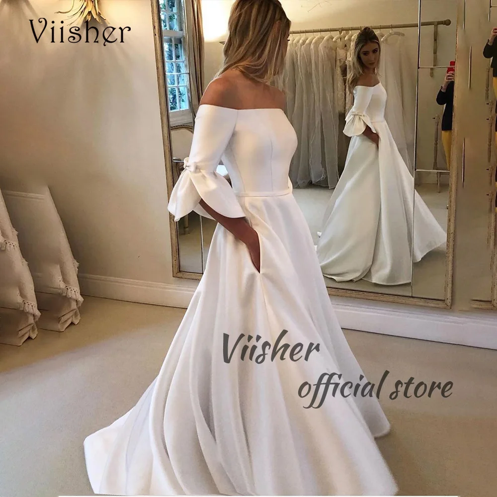 

Viisher White Satin A Line Wedding Dresses Boat Neck Elegant Bride Dress with Pockets Long Civil Wedding Bridal Gowns