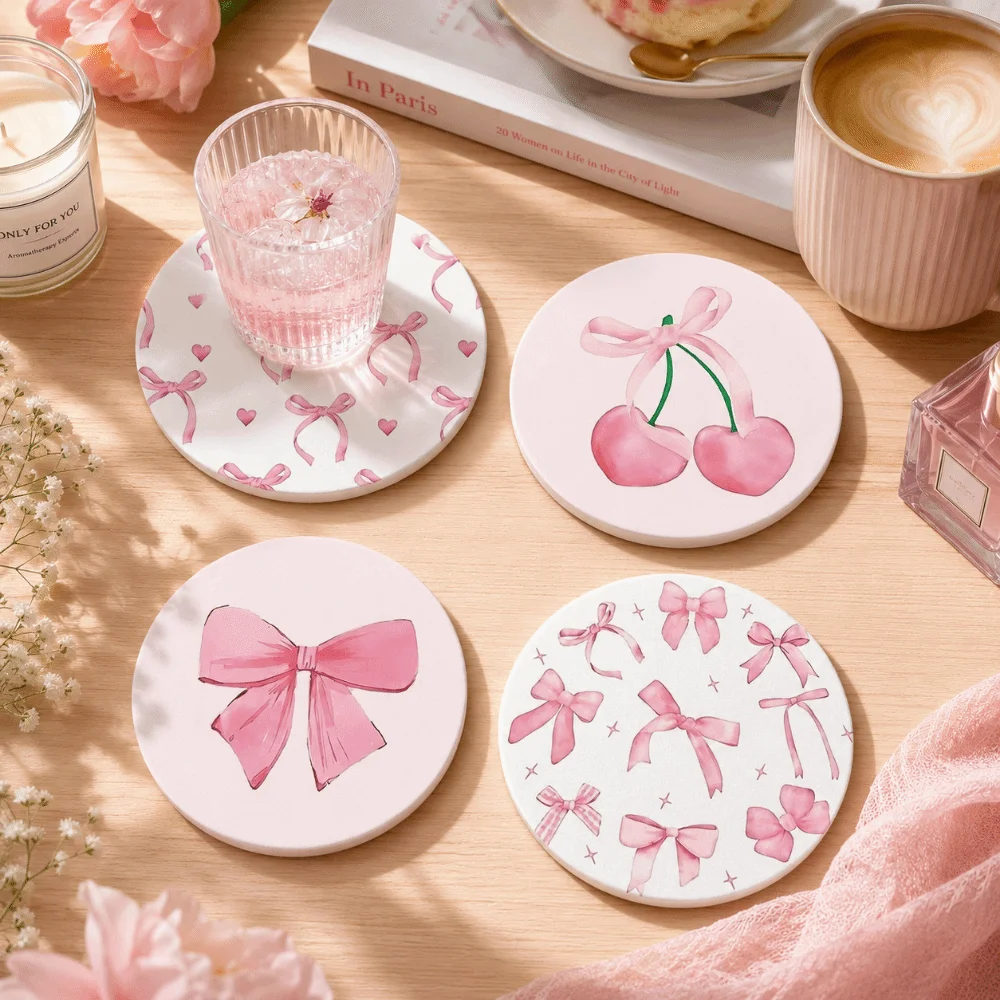 4/6pcs Cute Round Wooden Drink Coaster Heat-Resistant Waterproof Cat Coaster Non-Slip Dog Coffee Cup Mat For Home