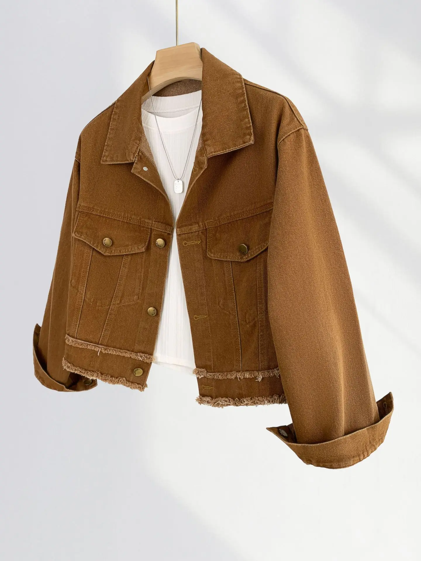 

Spring Autumn Melard Denim Jacket Women Short Style Frayed Edges Brown Top New Design Denim Coat