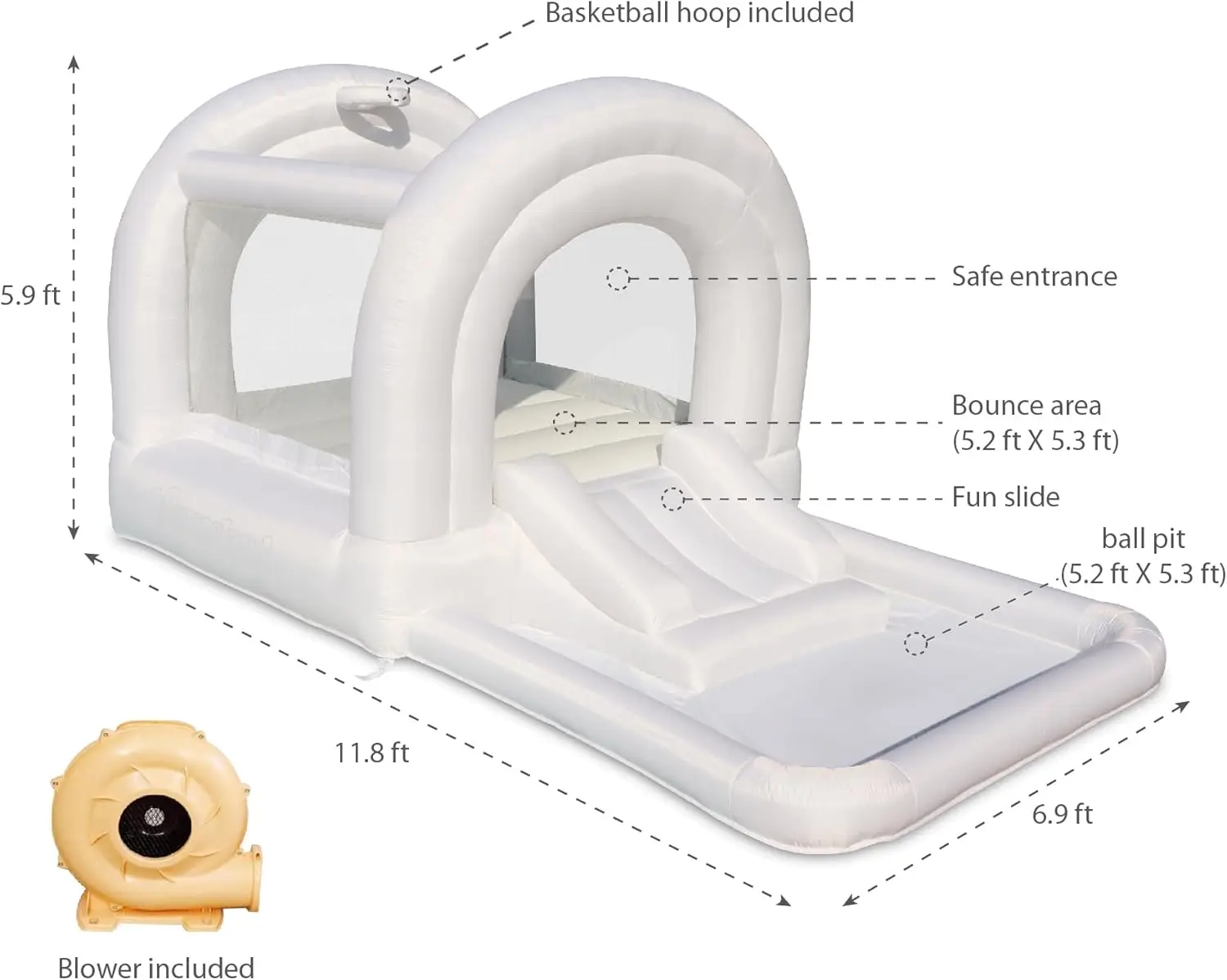 White Bounce House with Slide,Blower Included, Bouncy House with Basketball Hoop, Pastel Plastic Balls, Trendy Bouncer for Kids