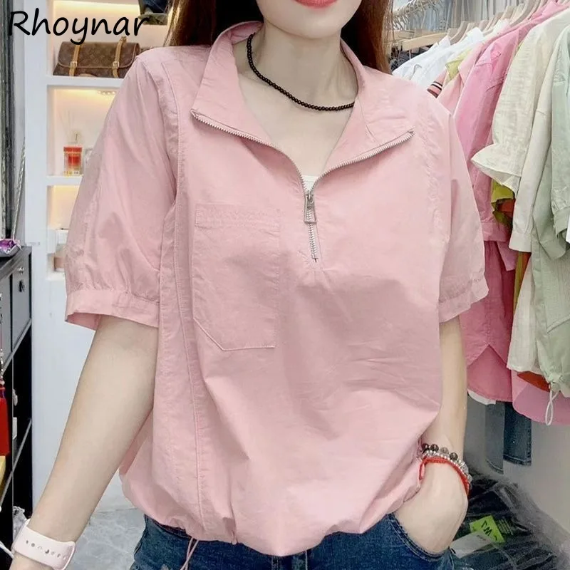 

Solid Short Sleeve T-shirts Women Cropped Pockets Zippers Turn-down Collar Loose Soft Thin Casual Simple Daily Korean Style Chic