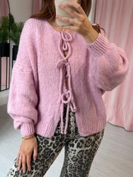 Suéter con lazo frontal para mujer, cárdigan de punto holgado de manga larga con cuello redondo de Color sólido, abrigo suave y acogedor informal para mujer, ropa diaria