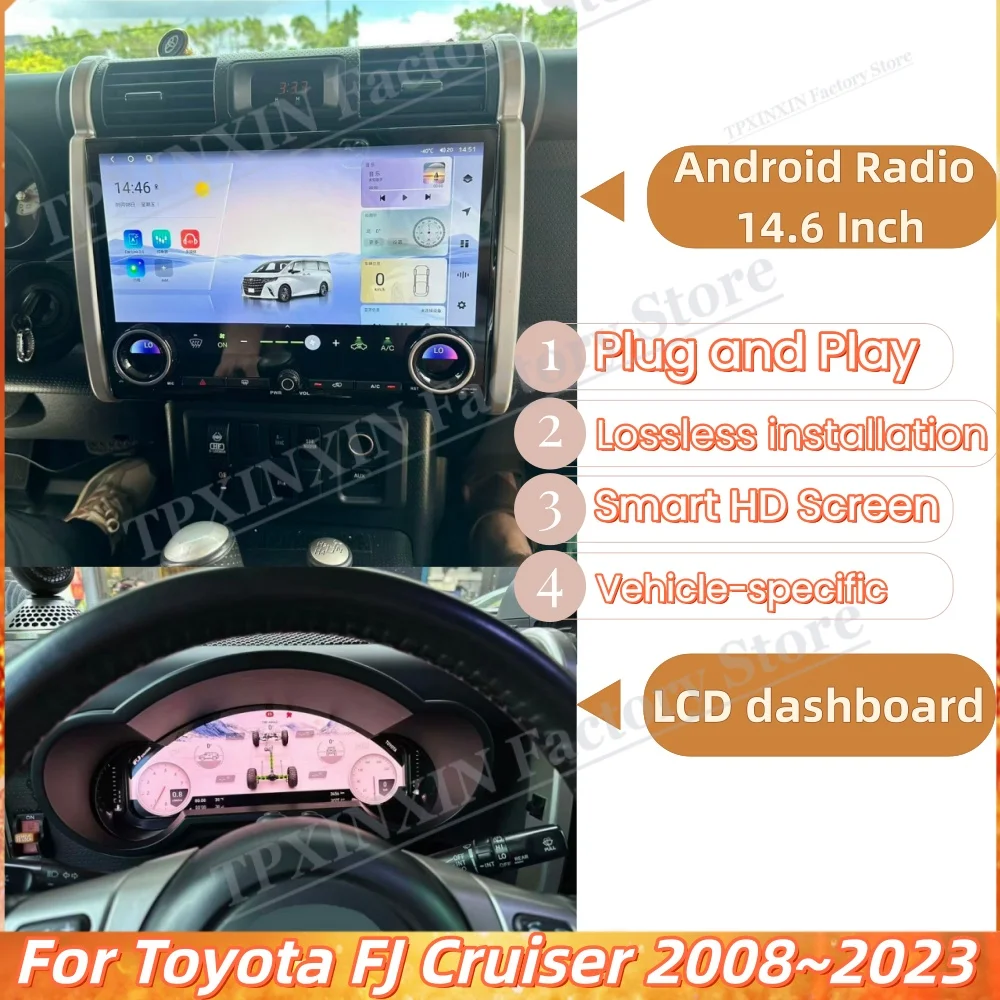 TPMS 12.3In Car dashboard + 14.6In Android Radio For Toyota FJ Cruiser 2008~2023 Digital LCD Cluster Car Digital Dashboard Panel