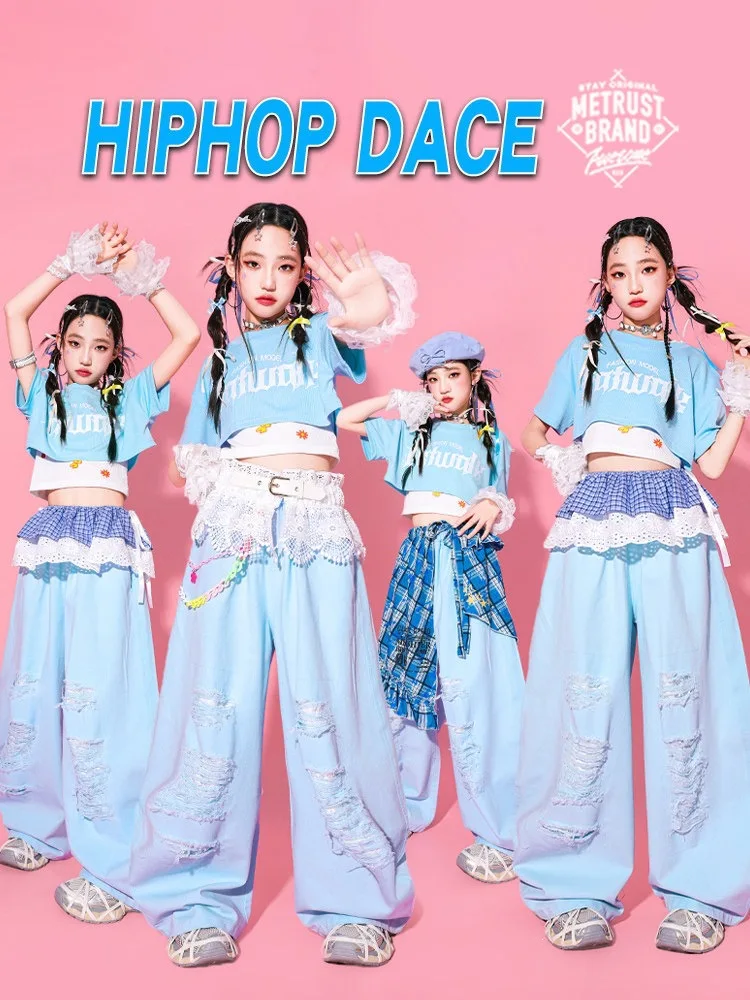 Girls Hip Hop Blue Crop Top Ripped Loose Pants Children K-pop Street Dance Costumes Kids Streetwear Girl Group Jazz Clothes Sets