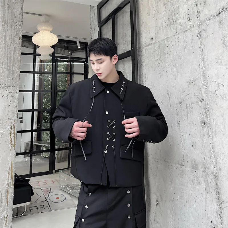 Fashion Chic Jackets Men's 2025 Spring New Lapel Lace-up Trendy Coats Men's Retro Handsome High-end Short Style Long Sleeve Tops