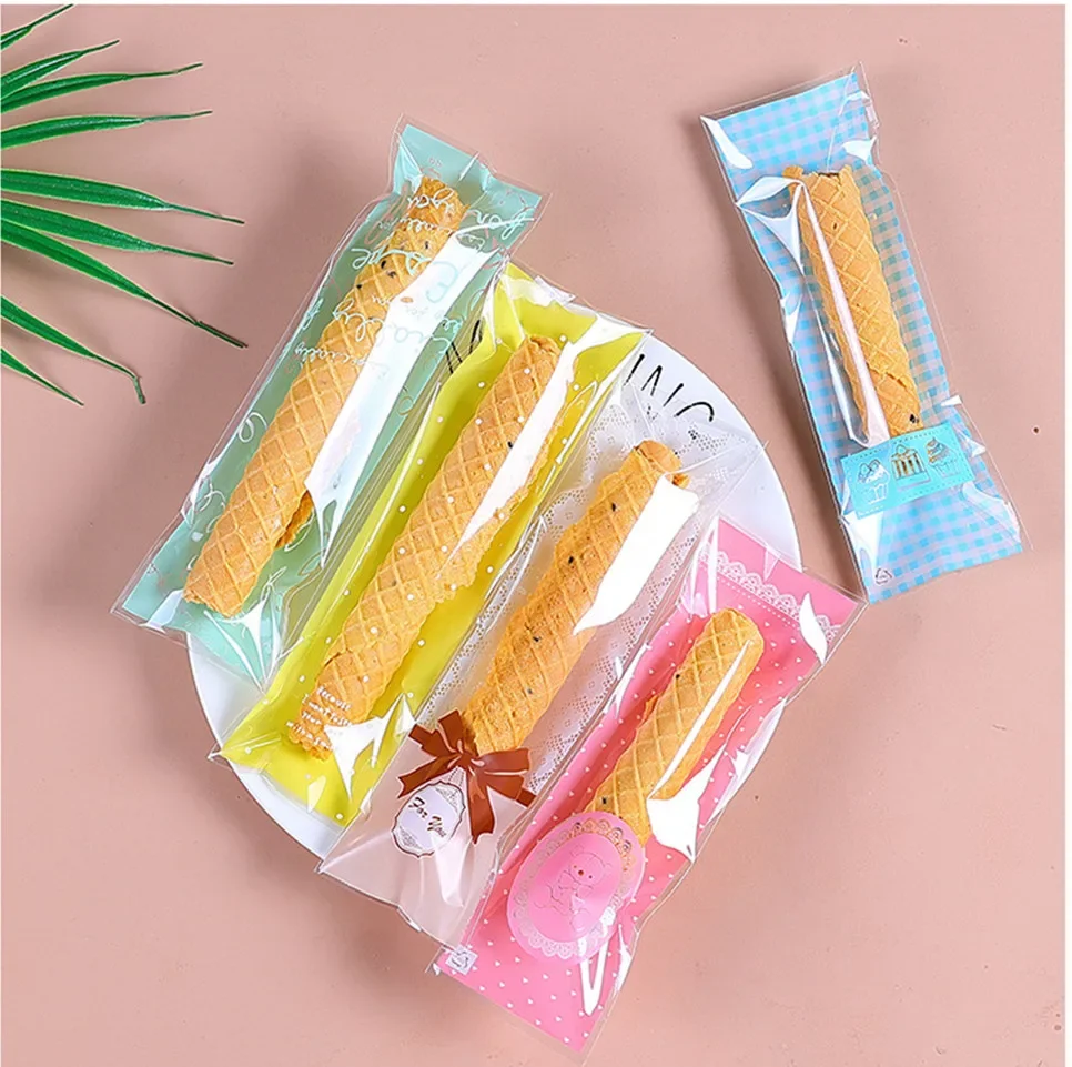 100pcs/lot  Plastic Bags 6x18cm 6x20cm Gift Candy Food Self Sealing Bags Lace Bow Cookie Long Strip Packaging Bags
