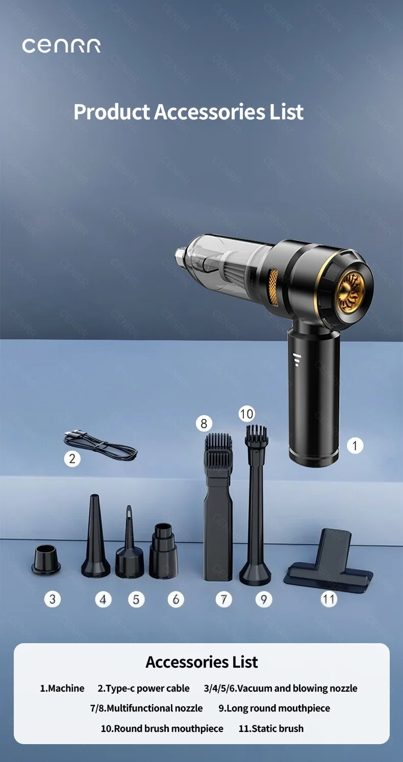 CENRR 998000 PA Auto Staubsauger Leistungsstarke Tragbare Handheld Staubsauger Für Auto Drahtlose Reiniger Roboter Auto Zubehör – Detail 17