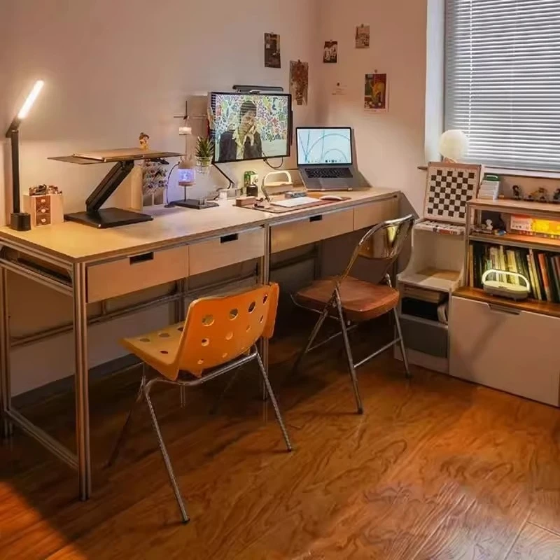 !@Modern Integrated Aluminum Desk Creative Writing Study Workspace Ocean Board Removable Drawer Computer Workbench for Office Us