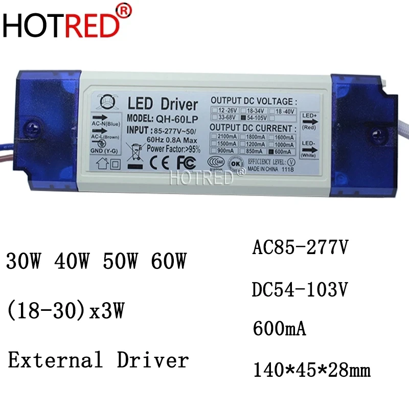 

1pcs 10pcs 40W 50W 60W 600mA LED Driver Constant Current 18-30x3W DC54-105V Lighting Transformers For Floodlight Power Supply