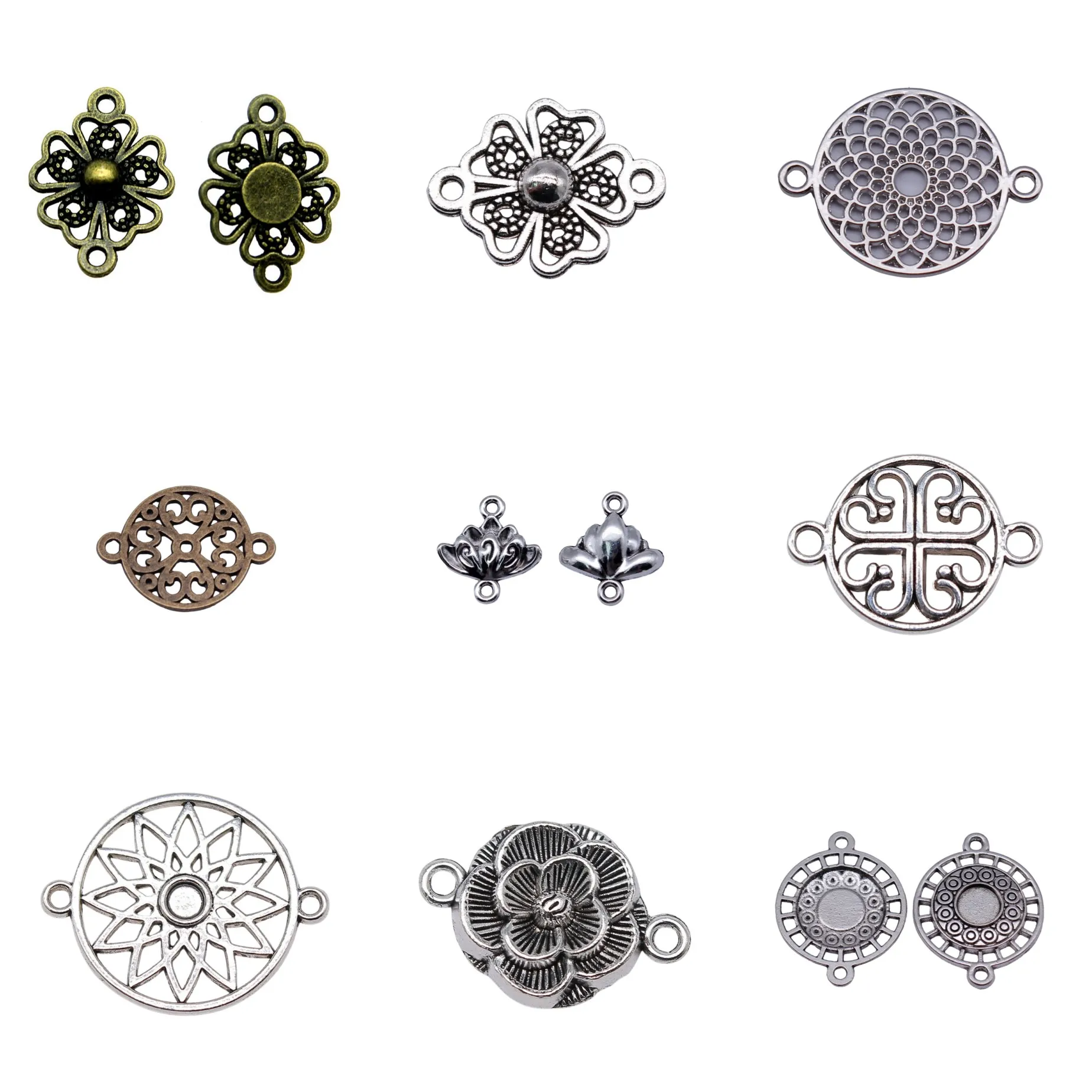 Antique Silver Color Floral Slice Flat Jewelry Connectors Findings For Bracelet Necklace DIY Jewelry Making Craft Bulk
