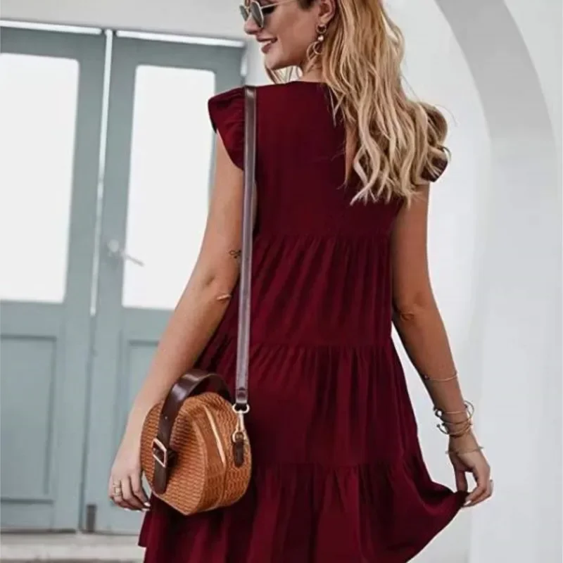 ชุดสตรีฤดูร้อนใหม่สีทึบรอบคอสั้นชุดลําลองกระโปรงเค้กจีบขนาดใหญ่ Hem กระโปรงผู้หญิงพรหมชุด