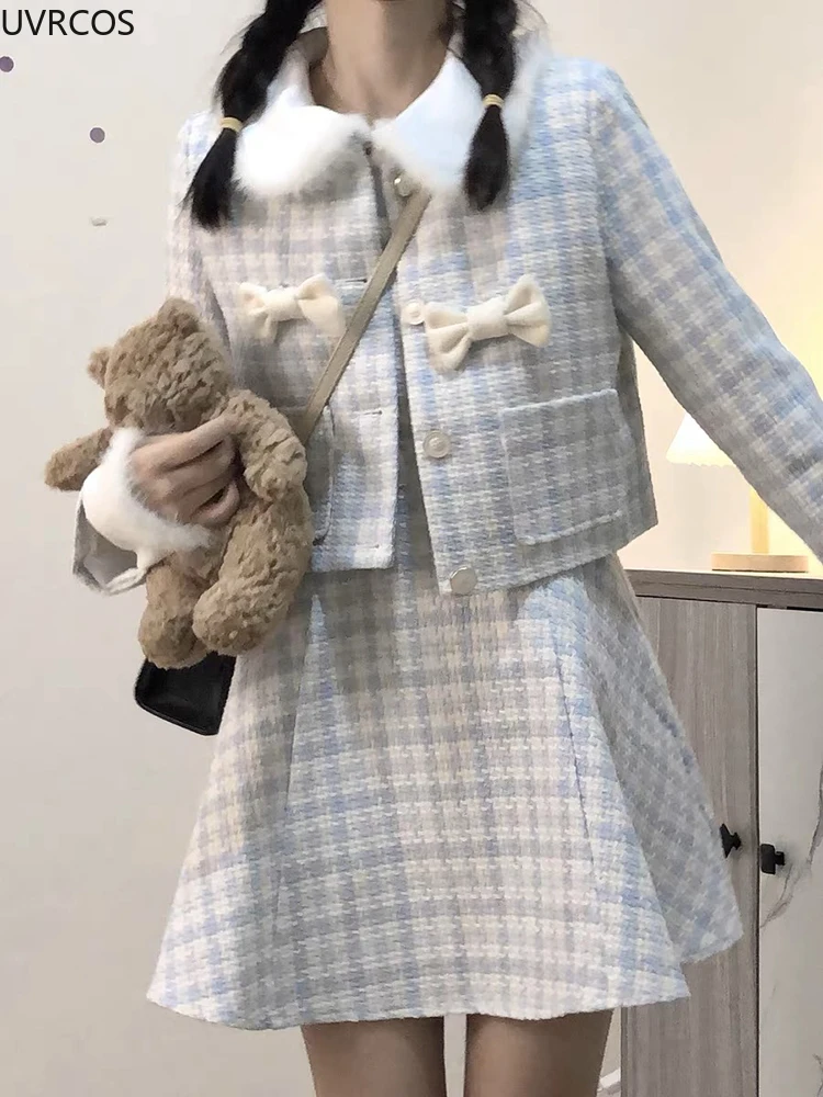 Ensembles de robes à carreaux en tweed pour femmes, vestes en laine Boew, mini robes à bretelles douces, Lolita coréenne élégante, Kawaii, hiver, ensemble de 2 pièces