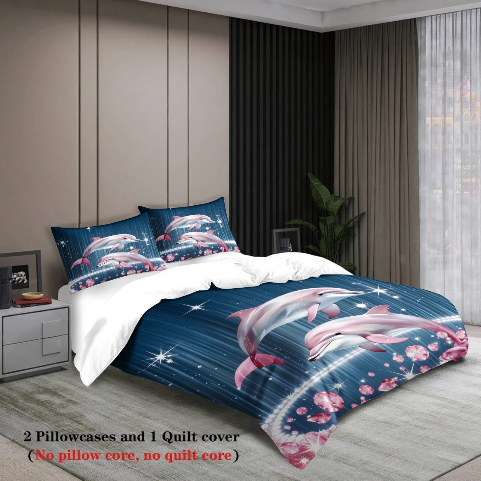 Dolphin Print Bedding Set Blue Ocean With Sparkles And Pink Dolphins With Duvet Cover & Pillowcases For Bedroom Decor