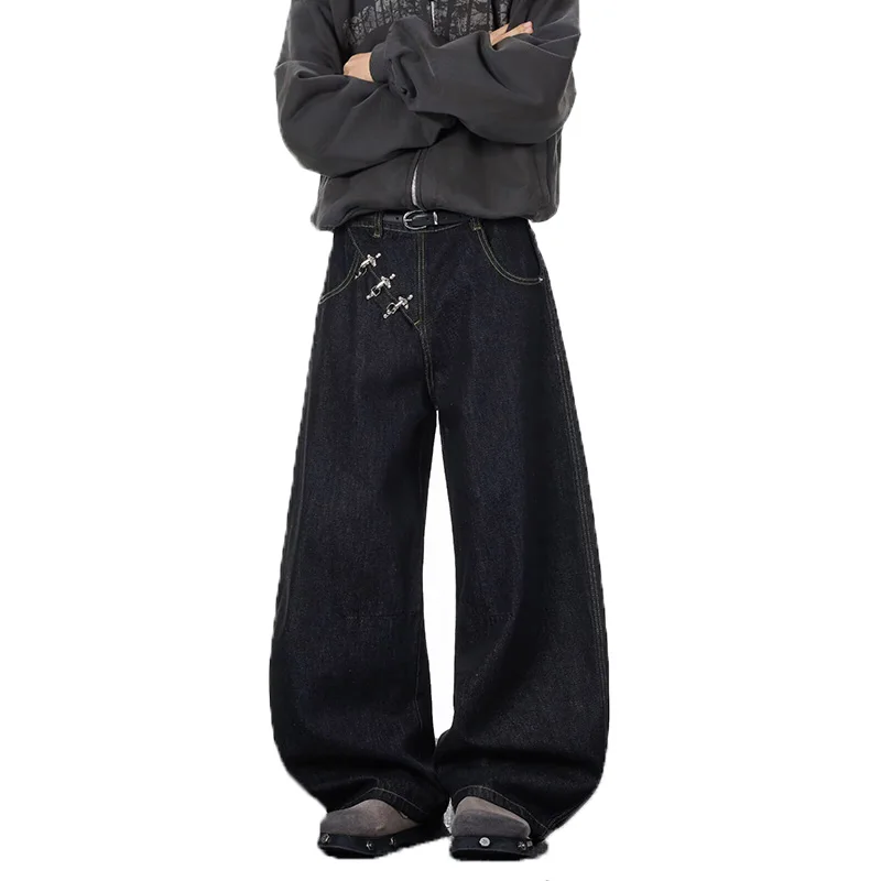 2026 Spring/Summer Korean Black Men'S Curved Knife Jeans Loose Straight Legs Casual Wide Legs 3xl Large Jeans