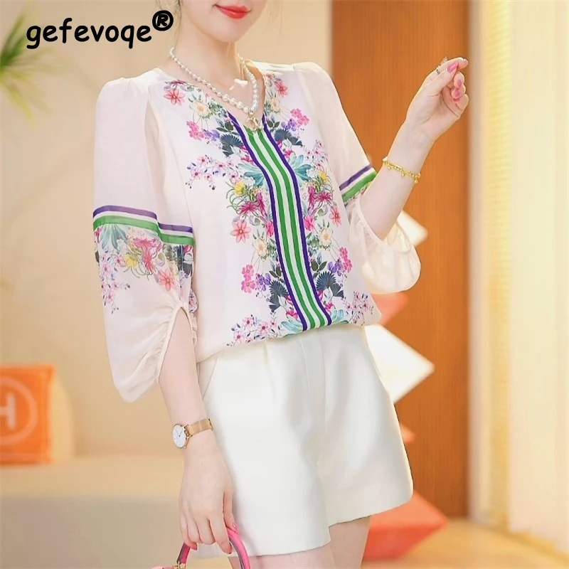 2024 Summer Women\'s Vintage Fashion Floral Print Blouse Elegant V Neck 3/4 Sleeve Shirt Casual Loose Chic Tops Blusas Para Mujer