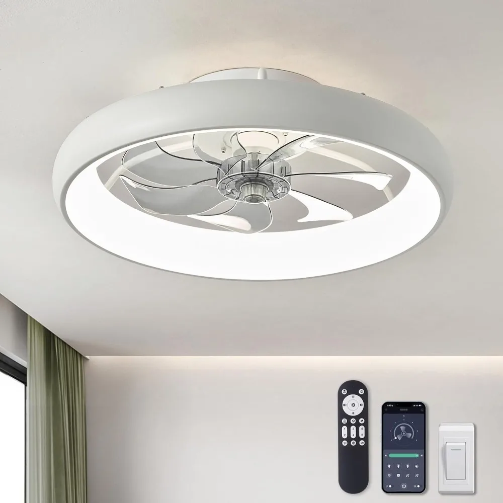 20'' Low Profile Flush Mount Ceiling Fan with Lights, 6 Wind Speeds, Modern Dimmable LED Ceiling Fan, Smart Ceiling Fan