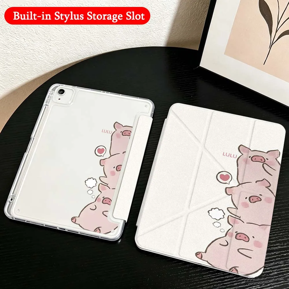 Cartoon Cute Pigs For iPad Mini Pro Air 5 6 7 8 9 10th 11th 11 9.7 10.9 13 inch Transparent Y-Shaped Folding Tablet Case