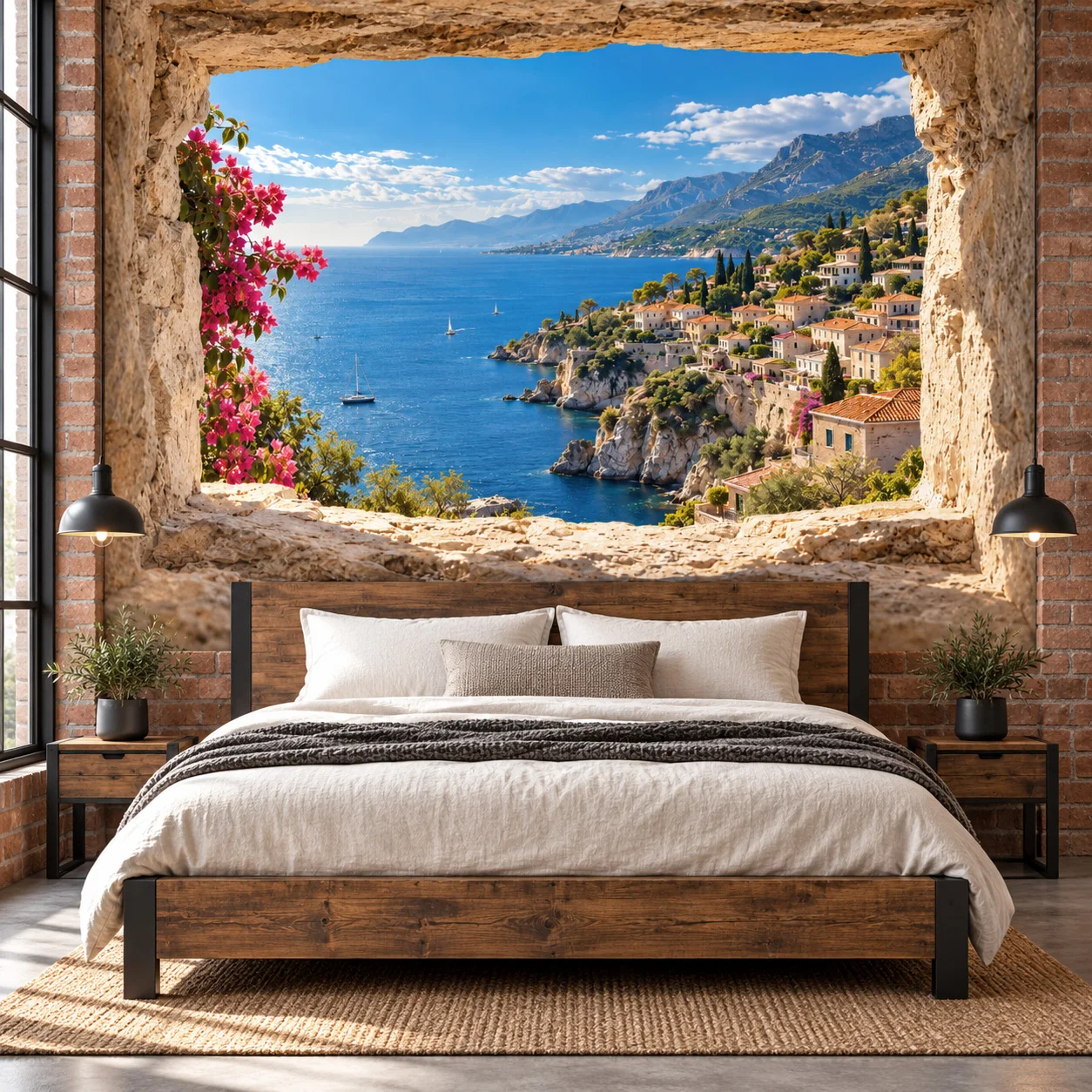 Mediterranean Seaview Wallpaper Mural Coastal Village Landscape Wall Art Living Room Bedroom Non Self Adhesive Scenic Wall Decor