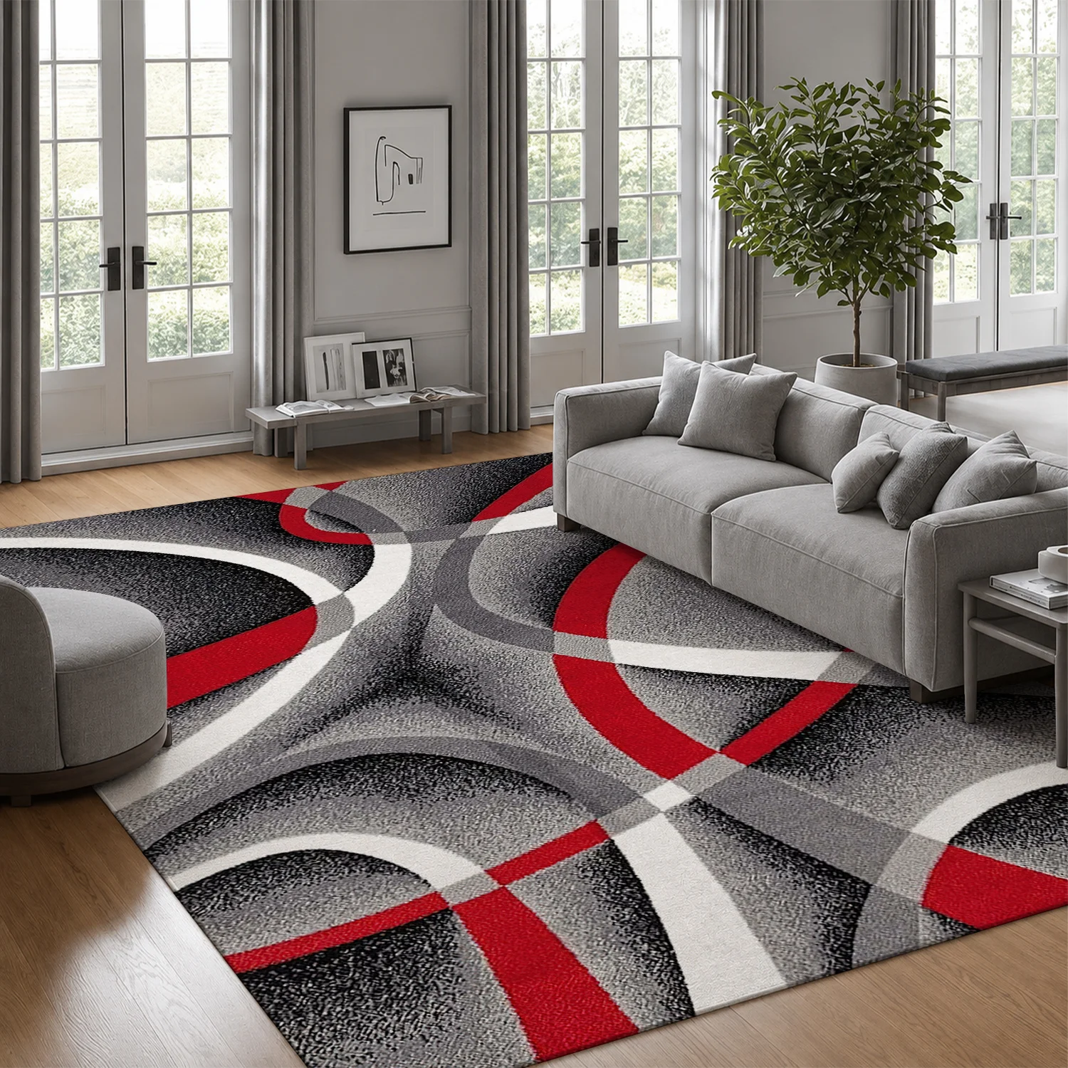 Large Indoor Area Rug, Soft Velvet Low Pile, Non-Slip Dotted Backing, Machine Washable, Modern Abstract Red Gray White Curved Pattern for Living Room Bedroom