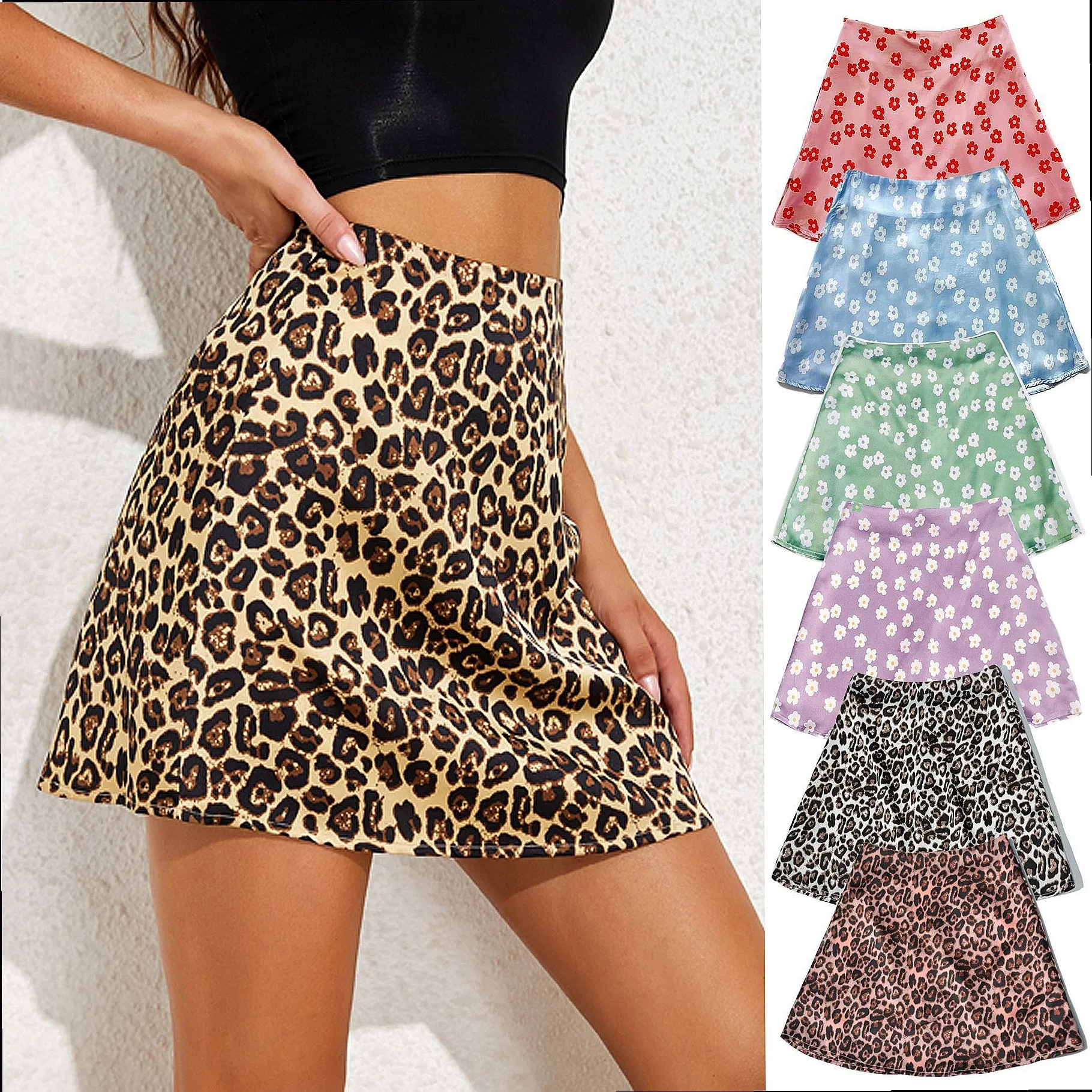 80g Satin Skirt High Waist Zipper Print Mini Skirt Floral Leopard Print Skirts for Women