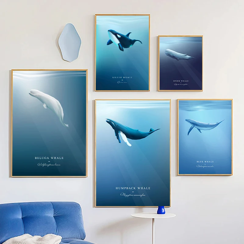 Modern Marine Life Humpback Whales Orca Posters Canvas Painting Ocean Animal Vinatge Wall Picture For Living Rome Home Decor