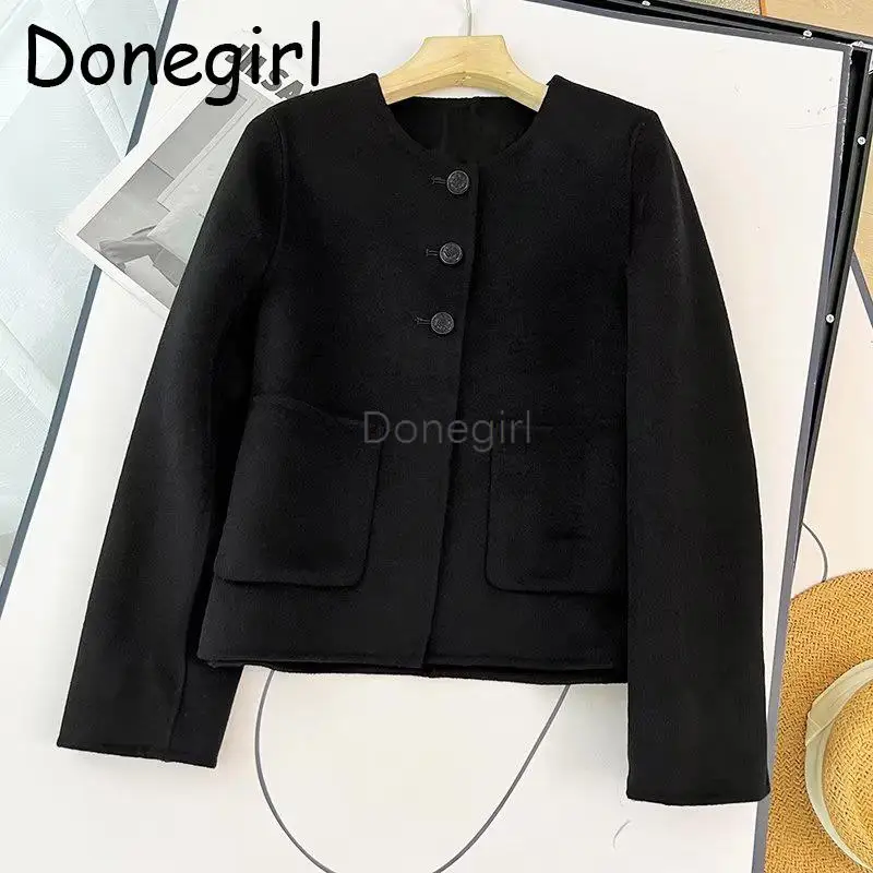 Donegirl 2023 Autumn New Women Solid Versatile Round Neck Single-breasted Woolen Coat Short Jacket Pockets Simple Tops Female