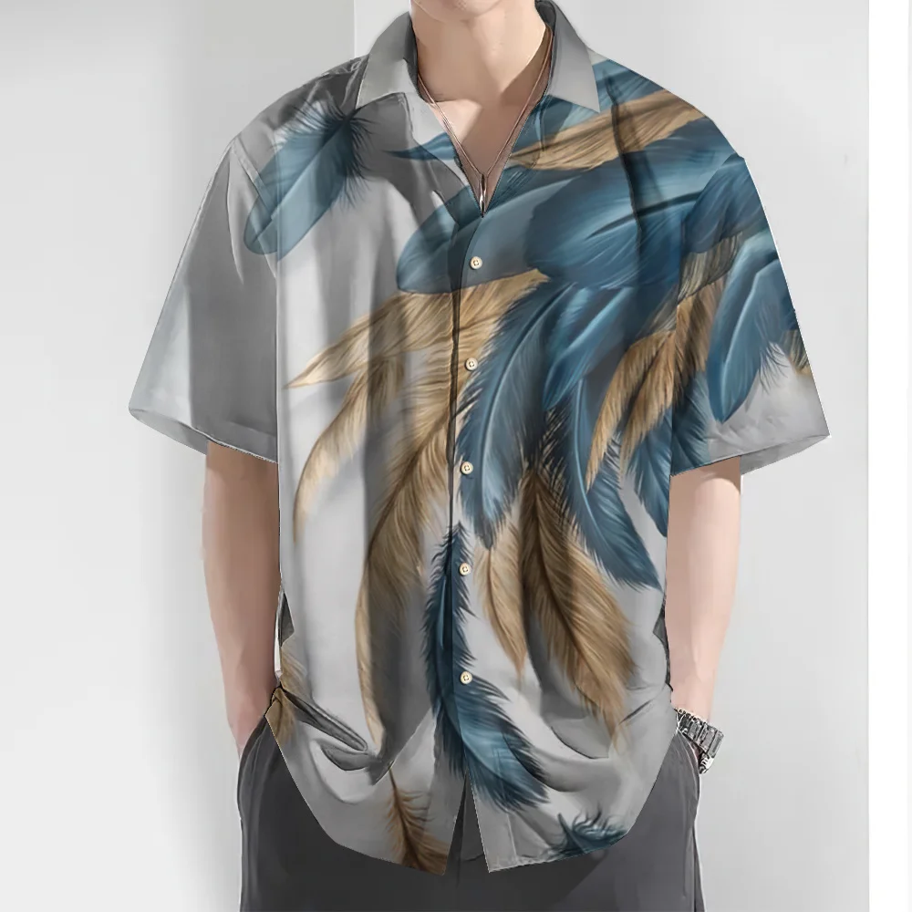 Chemise hawaïenne à manches courtes pour hommes, impression de plumes 3D, vêtements décontractés surdimensionnés, chemise de haute qualité, été, 03